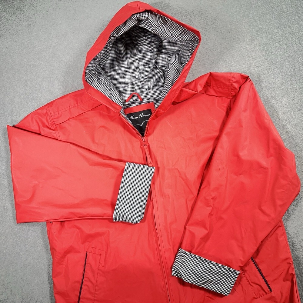 Misty Harbor Jacket Men's Large Red Check Lined Vented Hooded Raincoat Fishing